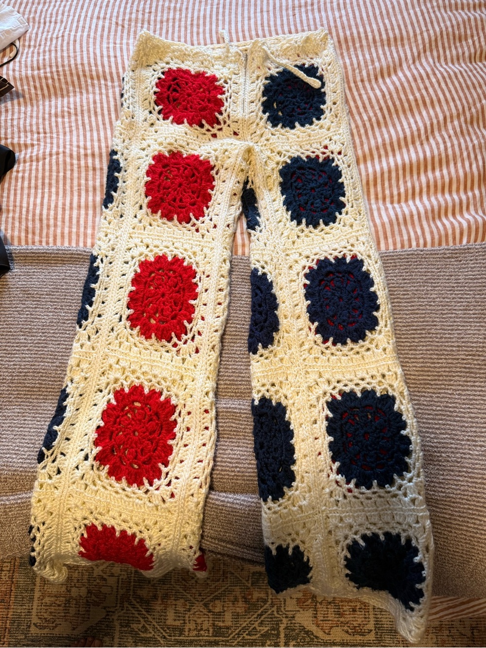 Handcrafted Crochet Boot Cut Pants in Red, Navy & Cream - Picture 3 of 5